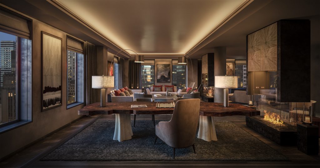 Living room render at Aman New York Residences